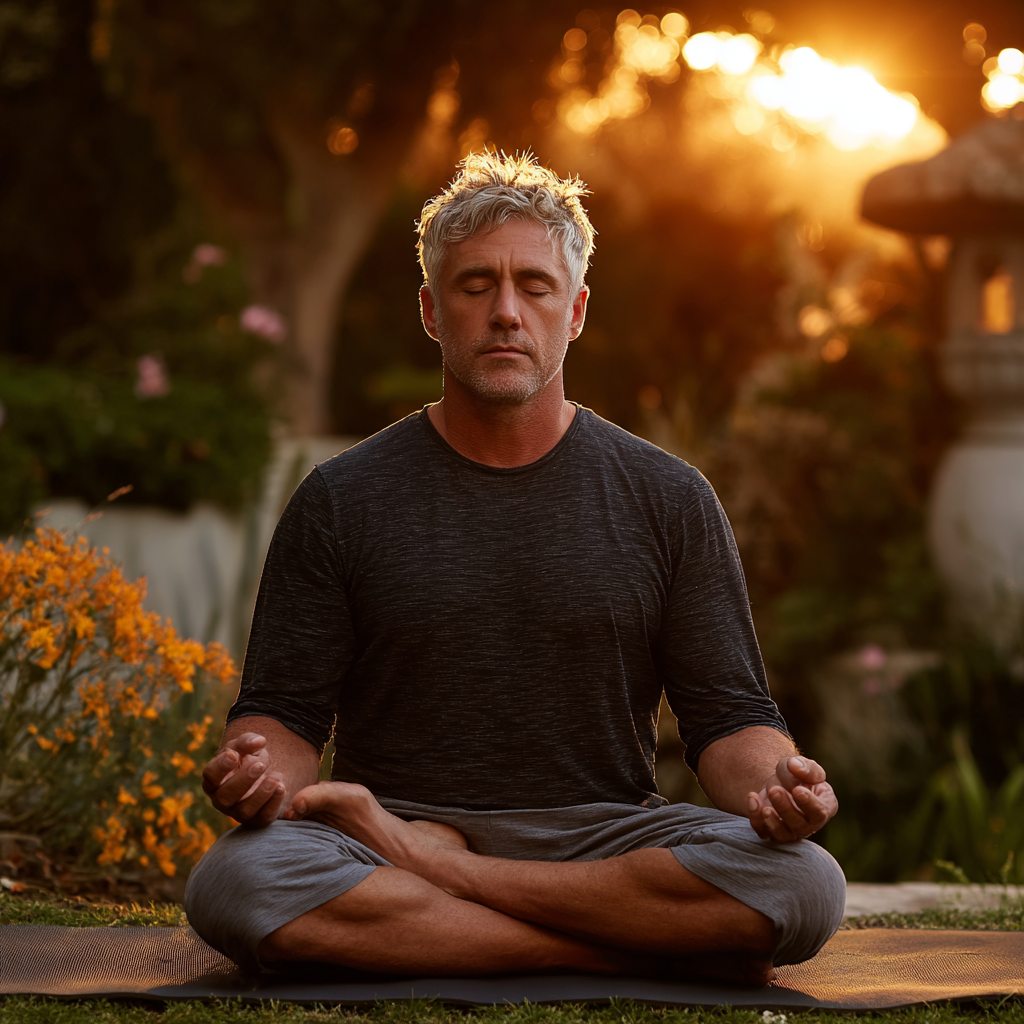 A man in his early 50s with salt-and-pepper hair sitting peacefully in lotus meditation pose on a yoga mat outdoors in a serene garden setting during golden hour, wearing comfortable gray workout clothes, eyes closed with a calm expression